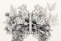 Anatomical lungs with flowers. Black and white ink illustration