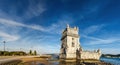 Beautiful ancient Belem tower panoramic view at sunset, Lisbon Royalty Free Stock Photo