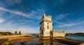 Beautiful ancient Belem tower panoramic view at sunset, Lisbon Royalty Free Stock Photo