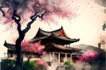 Beautiful ancient building and cherry blossom on watercolor background.