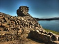 Beautiful ancient castle ruins overlooking the sea, intriguing coloring, artistic style art Royalty Free Stock Photo