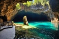 Ancient cave landscape with crystal clear water.