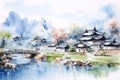 Beautiful ancient Chinese village, watercolor illustration generated by AI