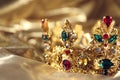 Beautiful ancient crown on golden fabric, closeup. Fantasy item