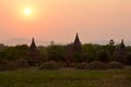 Beautiful ancient pagodas at the sunset in Bagan archaeological Royalty Free Stock Photo