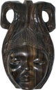 Beautiful ancient wooden mahogany mask represent female human face with decorations and buffalo horns