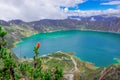 Beautiful andean plant chuquiragua, with an amazing view of lake of the Quilotoa caldera in the back. Quilotoa is the