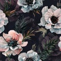 Beautiful anemone flower with green leaves on black background. Seamless floral pattern. Watercolor painting. Hand drawn and