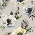 Beautiful anemone flower with green leaves on light gray background. Seamless floral pattern. Watercolor painting. Hand drawn