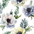 Beautiful anemone flower with green leaves on white background. Seamless floral pattern. Watercolor painting. Hand drawn and