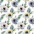 Beautiful anemone flower with green leaves on white background. Seamless floral pattern. Watercolor painting. Hand drawn and