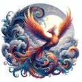 A beautiful anf fantastic design art, with a beautiful phoenix, a chinese legendary animal, in a painting, awesome colors