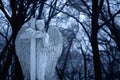Beautiful angel of death against landscape of forest in the fog Royalty Free Stock Photo