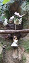 Interior of abandoned garden with angel statue with mossy green leaves