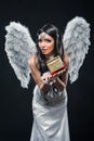 Beautiful Angel Girl offering Christmas present. Young woman with white wings in heaven style Royalty Free Stock Photo
