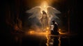 Beautiful angel in golden light appearing to the praying person. Man on his knees calling for higher power. Generative AI