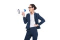 beautiful angry businesswoman yelling and holding megaphone, Royalty Free Stock Photo