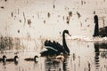 A beautiful animal portrait of a Black Swan and their baby Cygnets Royalty Free Stock Photo