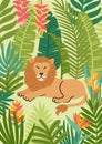 Poster template with lion and exotic tropical plants.