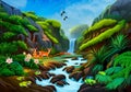 Beautiful animals and green plants with waterfall background. AI generative