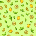 Beautiful animation lemon fruits on green background. Lemon drawing. Seamless pattern