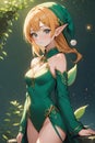 A beautiful anime elf in a cute pose, wearimg green dress with freckles, tree, leaves, digital anime art, wallpaper
