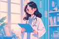 beautiful anime female doctor in a medical suit with a tablet in her hands in the office