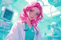 beautiful anime female doctor with pink hair in medical clothes in a hospital room