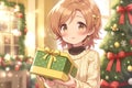 beautiful anime girl with short blond hair holds a gift in her hands at home in the Christmas living room