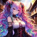 A beautiful anime girl in a village street, with colorful hair and loligoth style, cute dynamic pose, tetradic colors Royalty Free Stock Photo