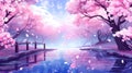 a beautiful anime inspired scene at a lake with a bridge, cherry trees around, ai generated image Royalty Free Stock Photo