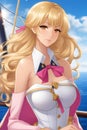 A beautiful anime marine girl, in cute marine uniform, take a selfie pose on a ship, with long blonde wavy hair, fantasy