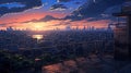 Beautiful anime-style illustration of a city skyline at golden hour