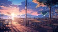 Beautiful anime-style illustration of an outdoor seating area at golden hour