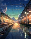 Beautiful anime-style illustration of a train station at twilight