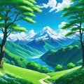 A beautiful anime style summer Green high mountains with snow capped blue sky with white