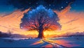 Beautiful Anime Sunset Scenery, Lovely Tree on a hill