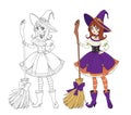 Beautiful anime witch holding wooden broom. Hand drawn vector illustration