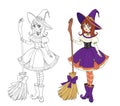 Beautiful anime witch holding wooden broom. vector illustration