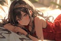 beautiful anime woman with black hair in a red dress lies on the bed