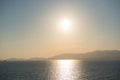 Beautiful anoramic view of Mediterranean sea, sky and sun at silver sunset in Palma de Mallorca