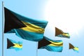 Cute 5 flags of Bahamas are wave against blue sky illustration with selective focus - any celebration flag 3d illustration Royalty Free Stock Photo