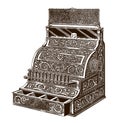 Beautiful antique cash register with floral ornaments, in three-quarter front view