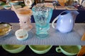 Antique glassware, colorful glassware in blue, violet and peach