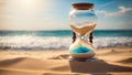 Beautiful antique hourglass on the sand against the background composition the sea