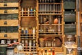 Beautiful antique pharmacy - old cupboard, colorful flasks, small boxes. Wooden shelf.