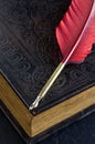 Beautiful Antique Red Feather Pen with Brown Book on Black Table Royalty Free Stock Photo