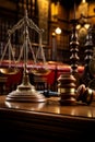 Beautiful antique scales in the court. Balance scales of justice, law concept. Two gavel lie beside. Generative AI
