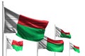 Beautiful any feast flag 3d illustration - five flags of Madagascar are wave isolated on white