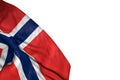 Pretty Norway flag with big folds lying in bottom left corner isolated on white - any celebration flag 3d illustration